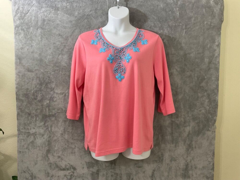 Quacker Factory Blouse Top women’s plus size 1X Embellished Heavy Beading pink